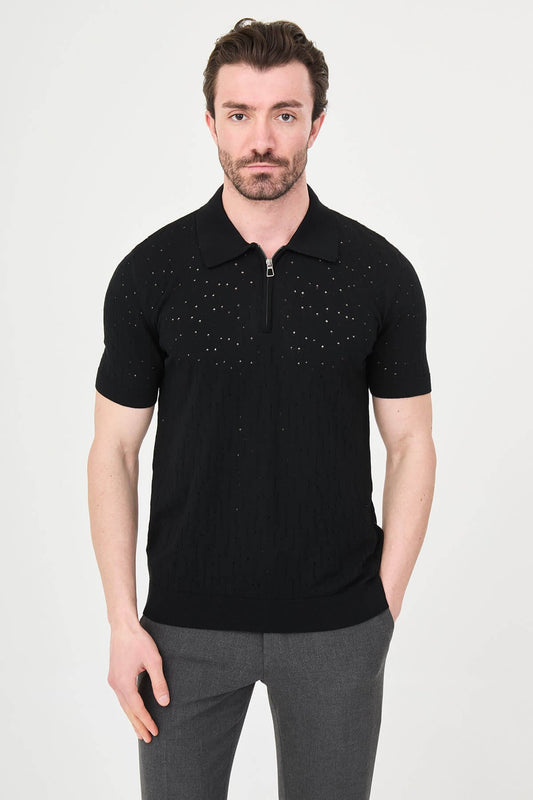 Men’s black slim fit zippered polo knit t-shirt with perforated texture, short sleeves, modern smart casual style