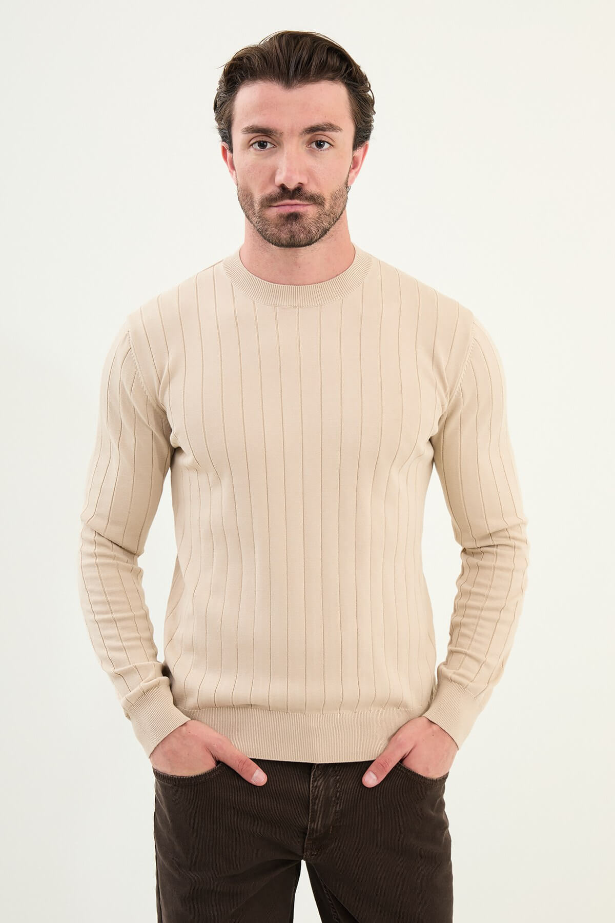 AXIST men’s beige ribbed slim fit crewneck sweater