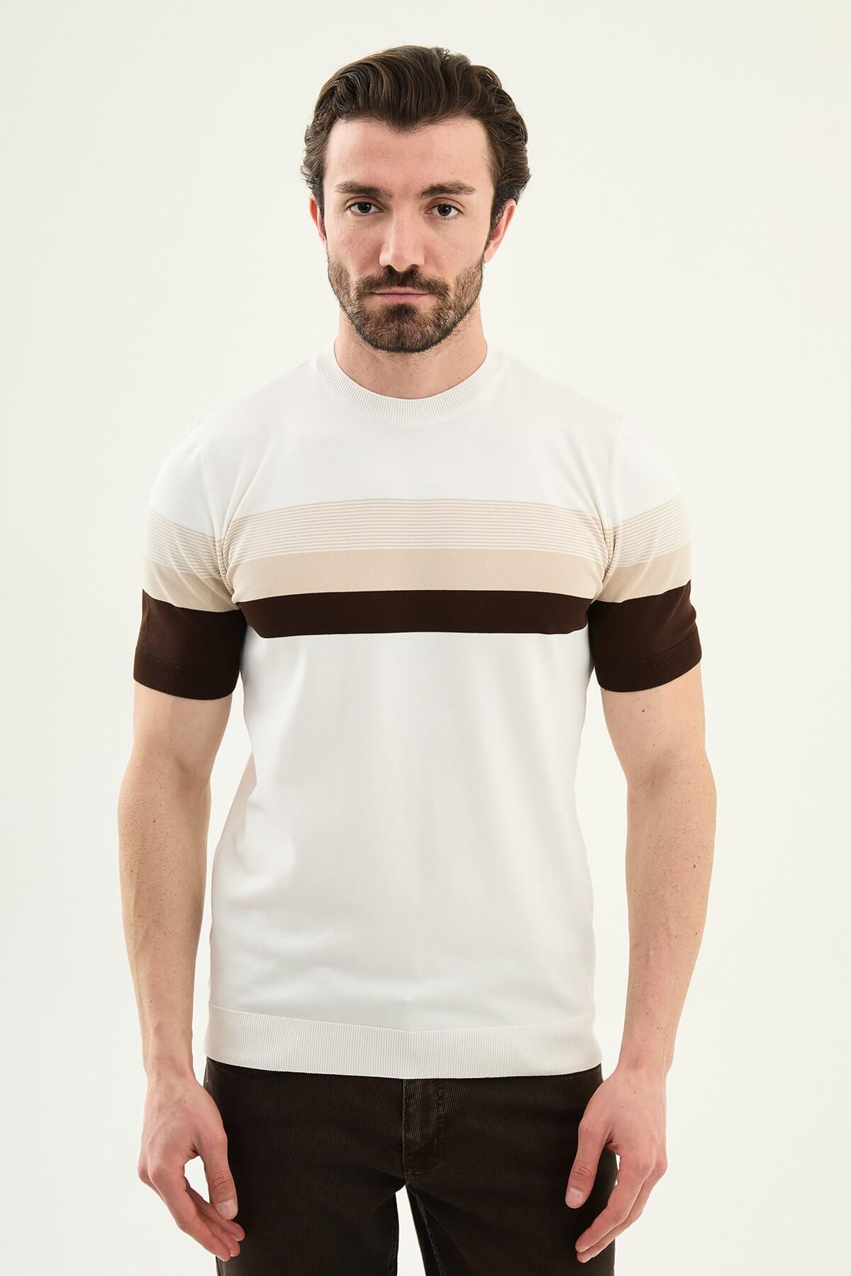 Men’s ecru slim fit striped knit t-shirt with beige and brown horizontal stripes, modern summer style