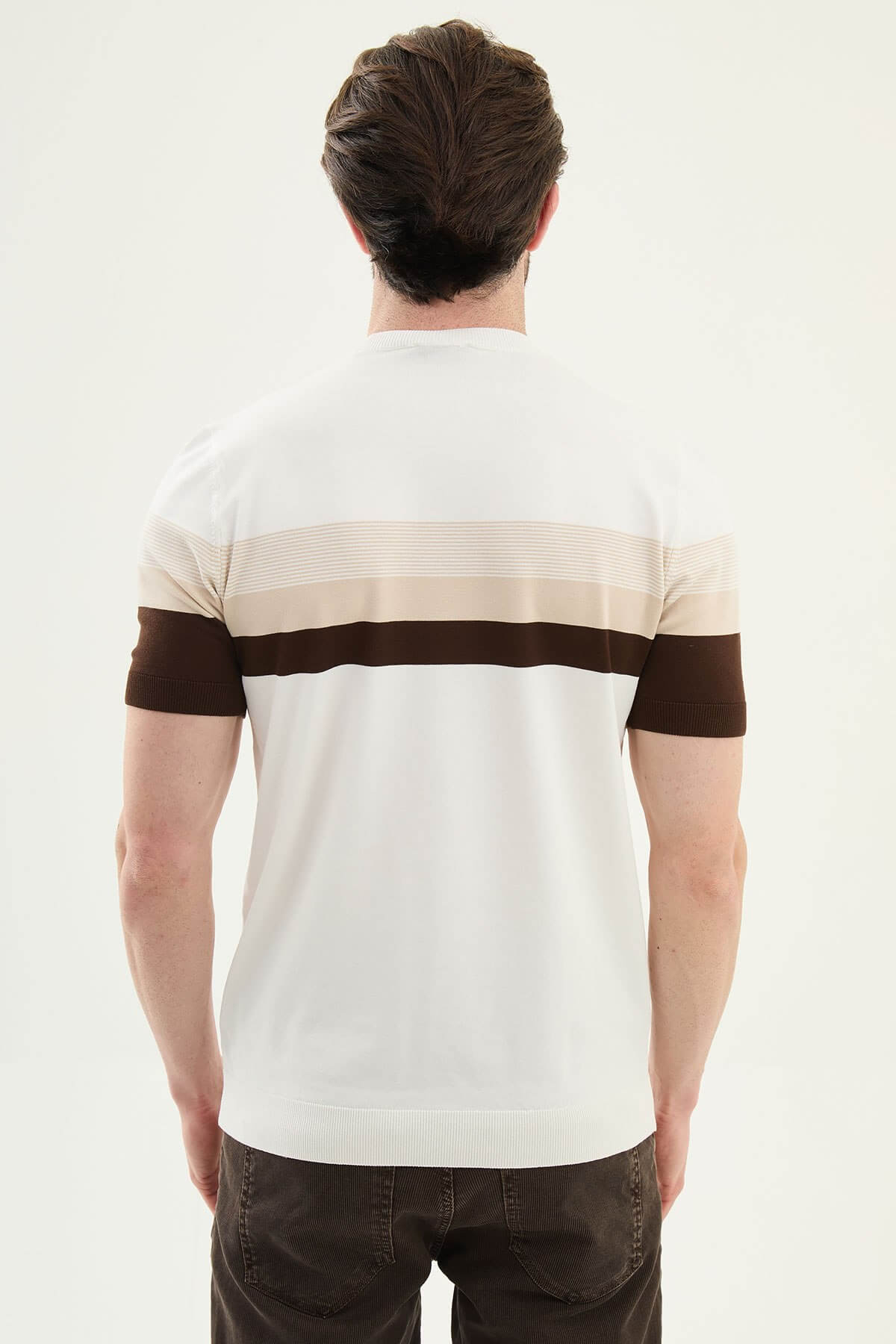 Men’s ecru slim fit striped knit t-shirt with beige and brown horizontal stripes, modern summer style