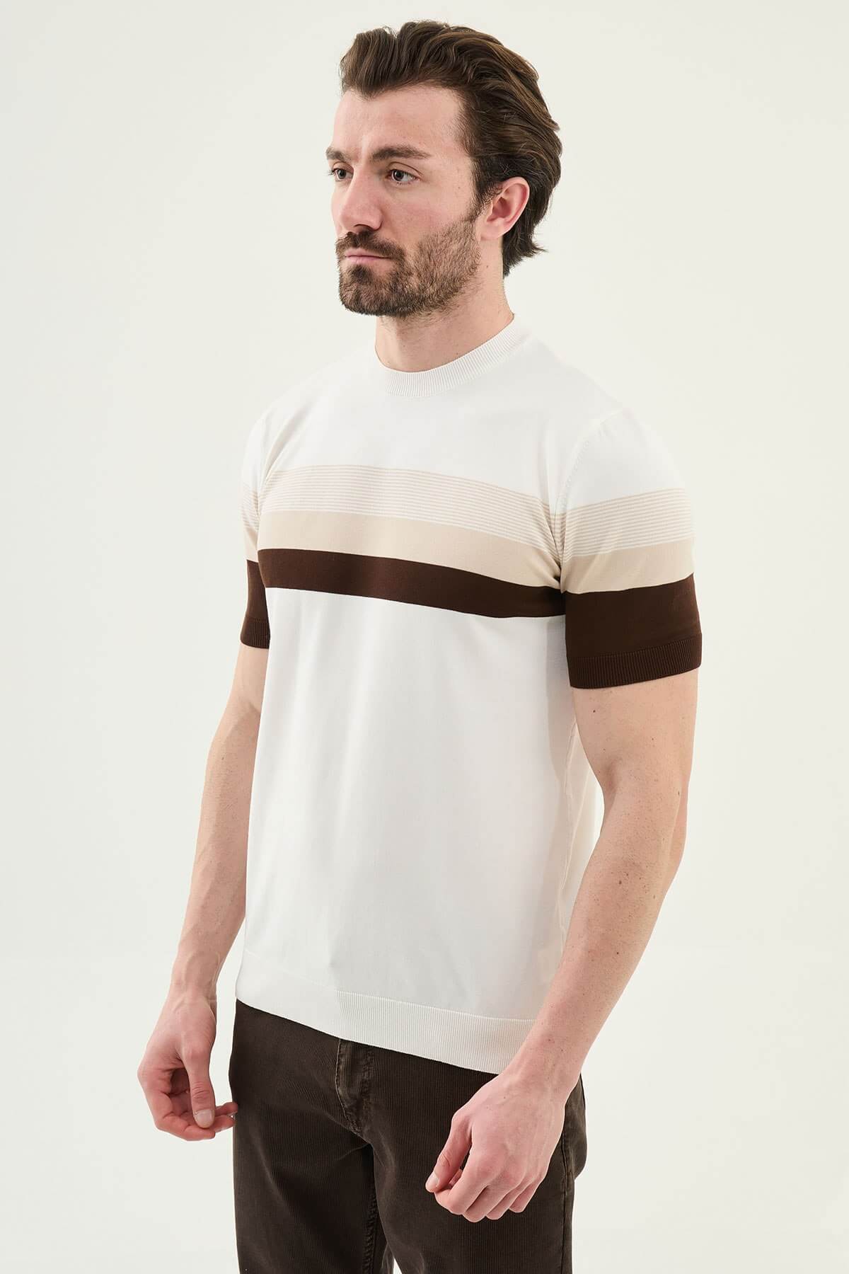 Men’s ecru slim fit striped knit t-shirt with beige and brown horizontal stripes, modern summer style