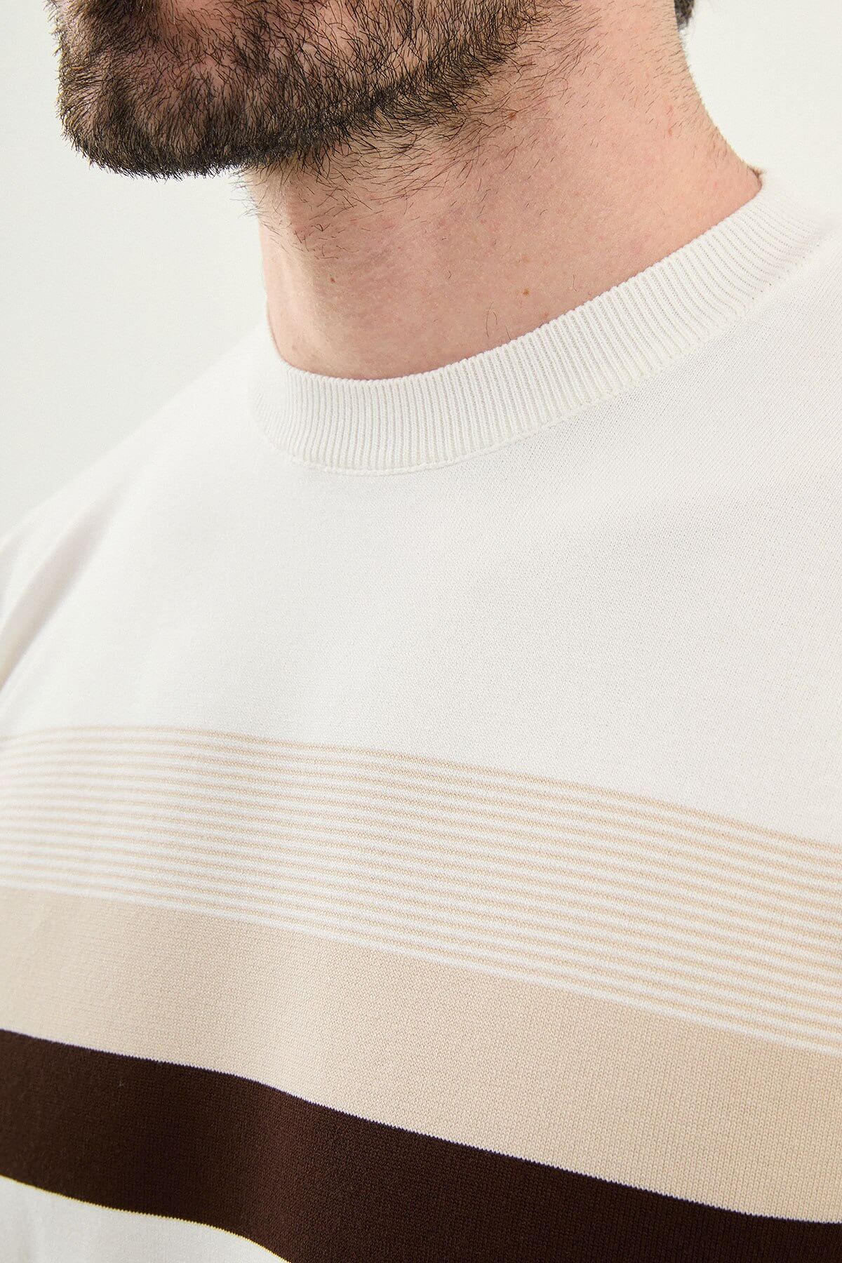 Men’s ecru slim fit striped knit t-shirt with beige and brown horizontal stripes, modern summer style