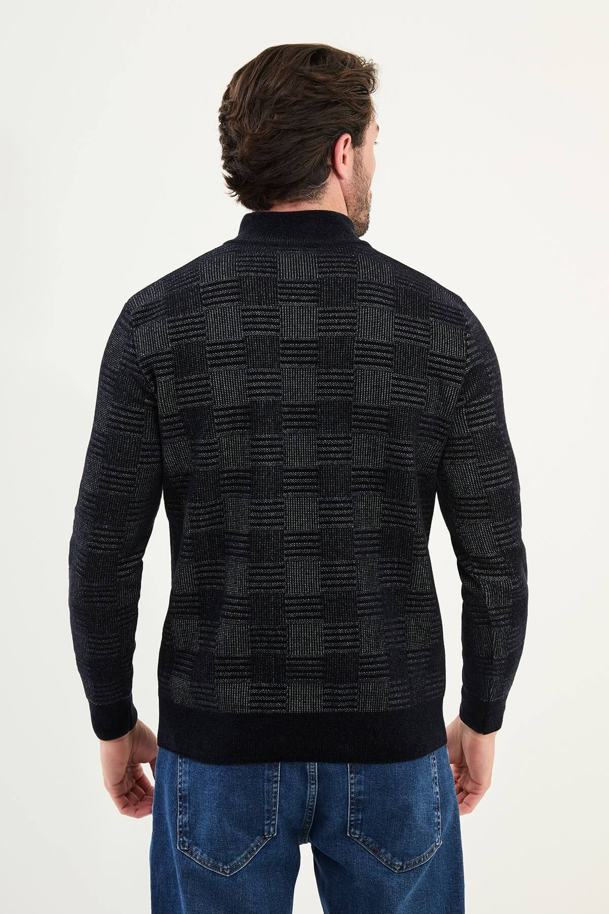AXIST black quarter-zip slim fit knit sweater with geometric textured design