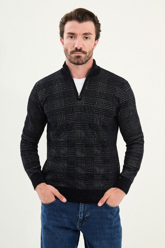 AXIST black quarter-zip slim fit knit sweater with geometric textured design