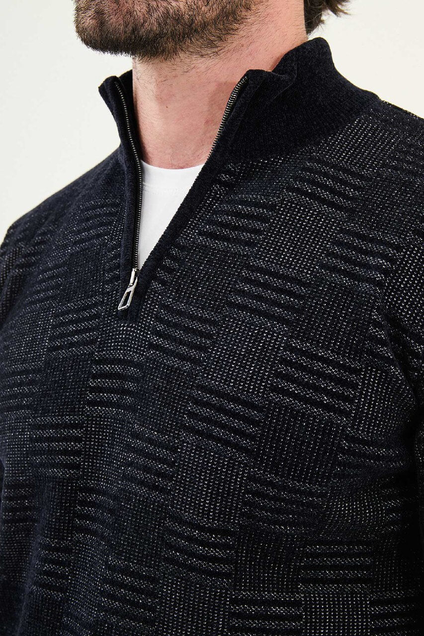AXIST black quarter-zip slim fit knit sweater with geometric textured design
