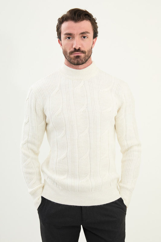 AXIST White Cable-Knit High Neck Sweater.