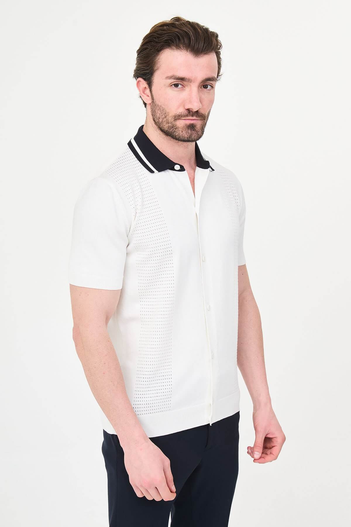 Men’s white short sleeve knit polo shirt with button front, contrast tipped collar, textured side panels, slim fit smart casual style