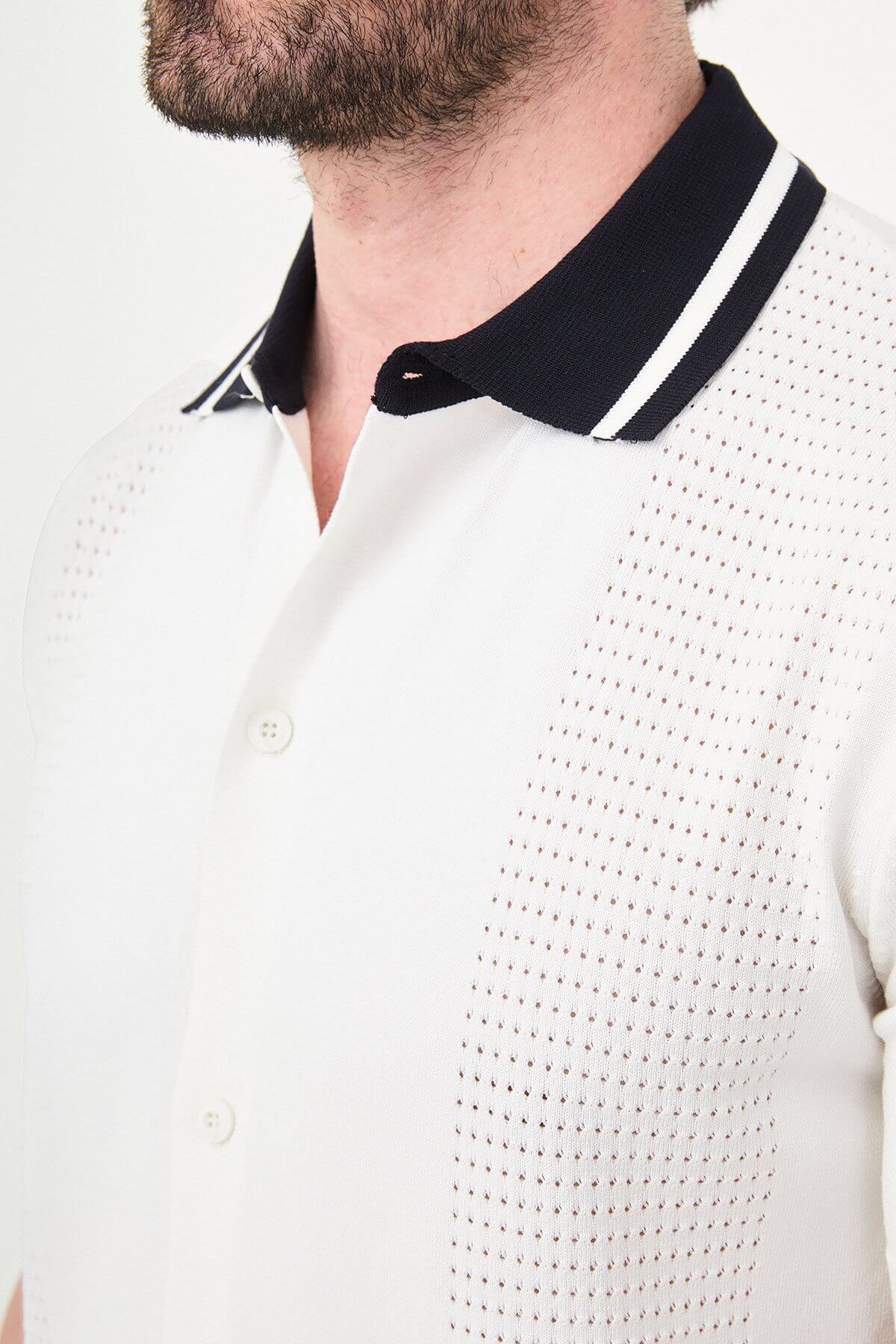 Men’s white short sleeve knit polo shirt with button front, contrast tipped collar, textured side panels, slim fit smart casual style