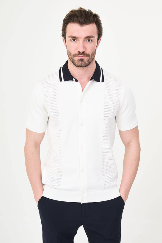 Men’s white short sleeve knit polo shirt with button front, contrast tipped collar, textured side panels, slim fit smart casual style