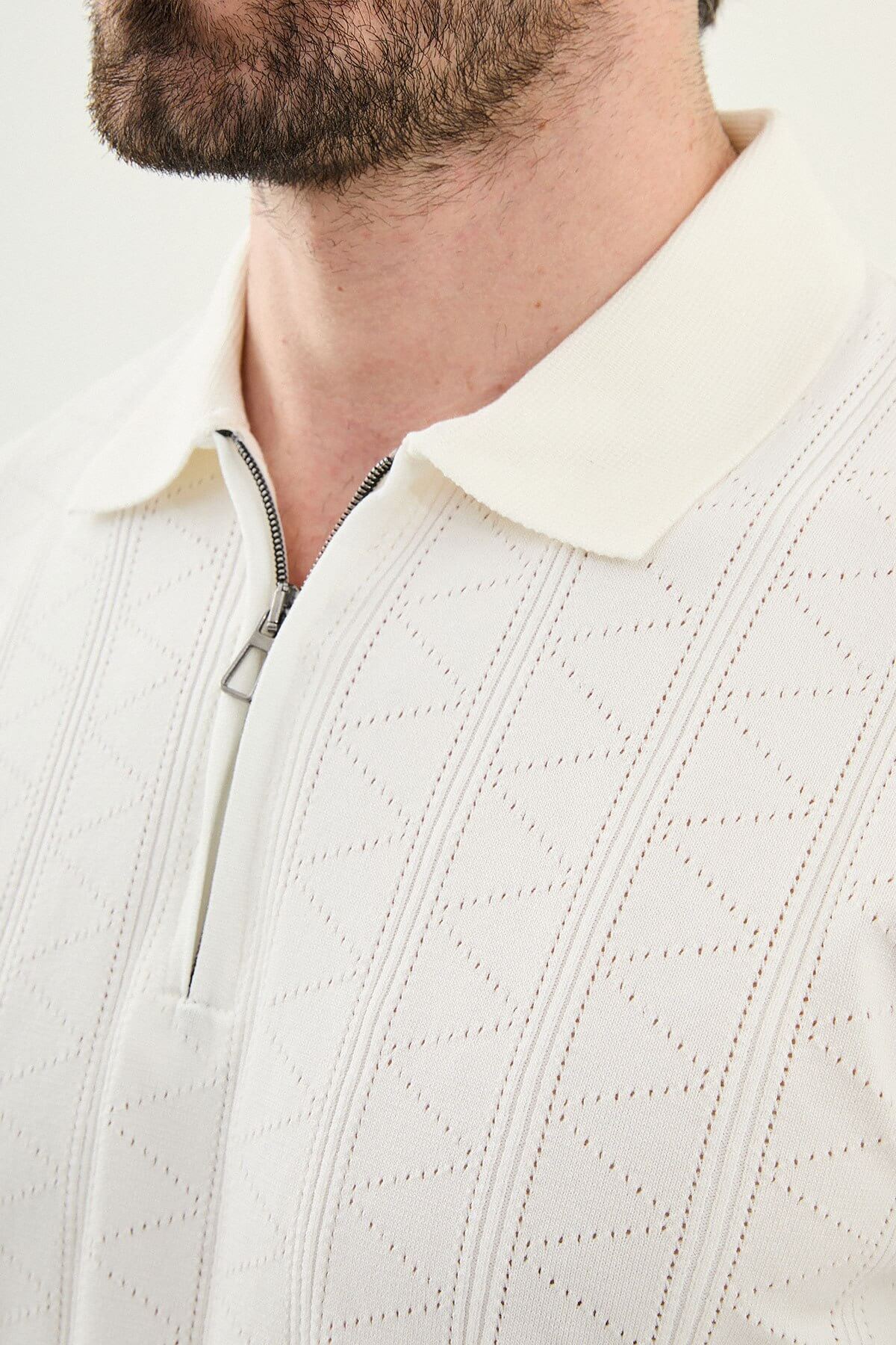 Men’s ecru textured knit polo shirt with zip collar, slim fit, breathable cotton blend, modern smart casual style