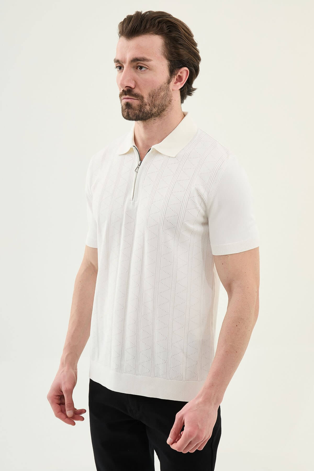 Men’s ecru textured knit polo shirt with zip collar, slim fit, breathable cotton blend, modern smart casual style