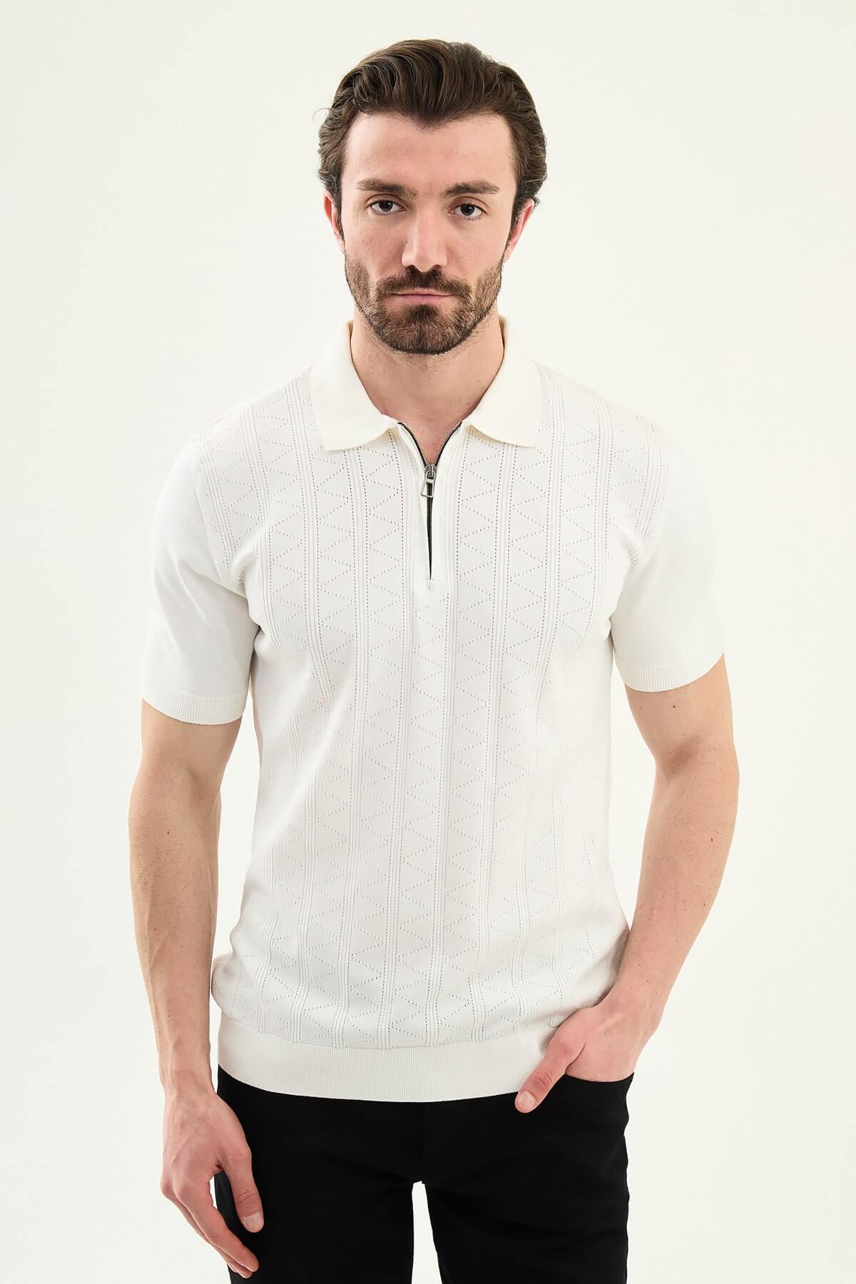 Men’s ecru textured knit polo shirt with zip collar, slim fit, breathable cotton blend, modern smart casual style