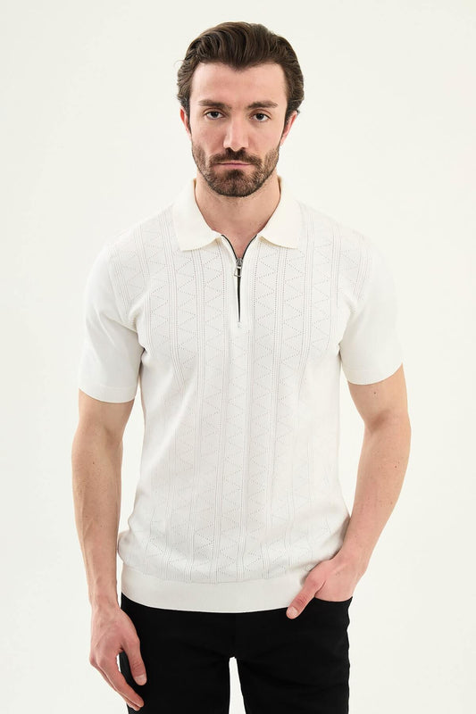Men’s ecru textured knit polo shirt with zip collar, slim fit, breathable cotton blend, modern smart casual style