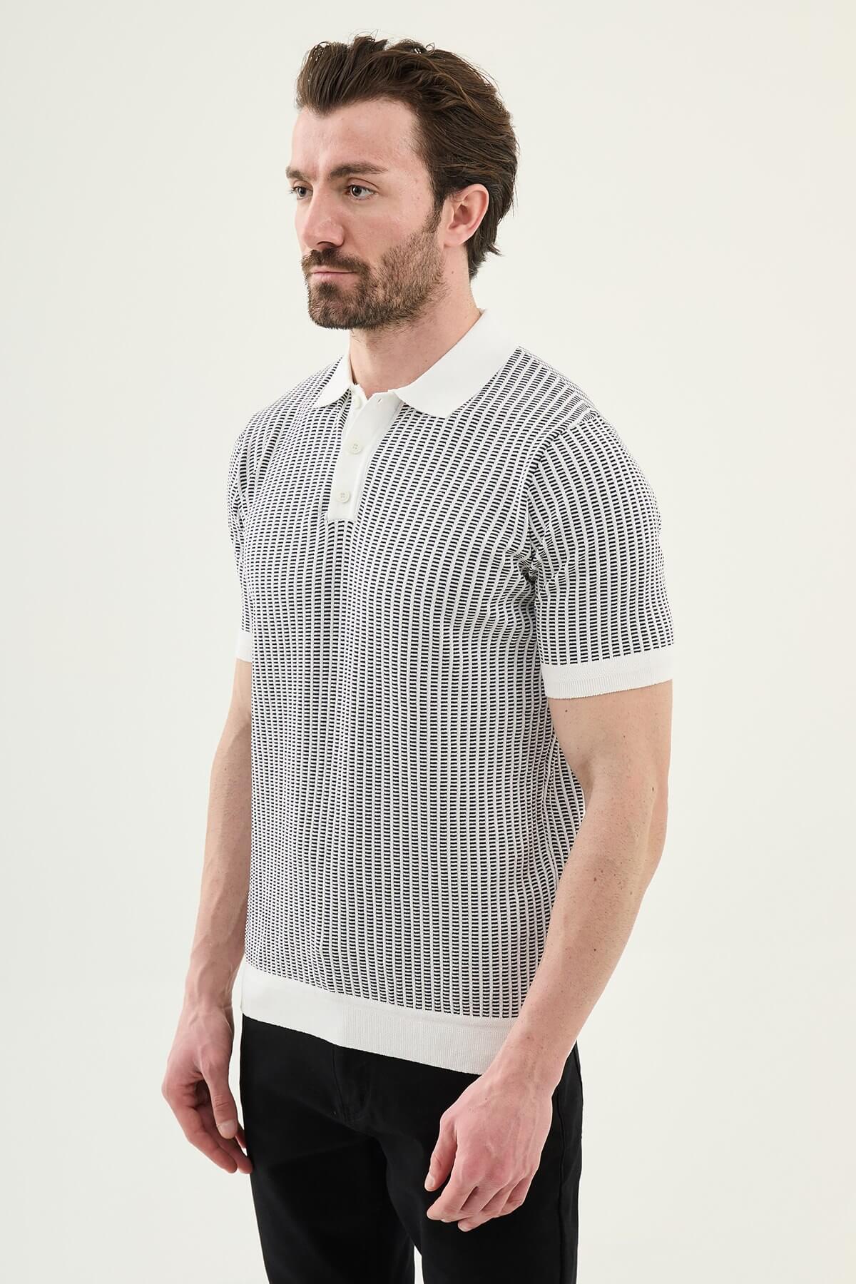 Men’s white striped slim fit knit polo shirt with short sleeves, styled for a refined summer smart-casual outfit.