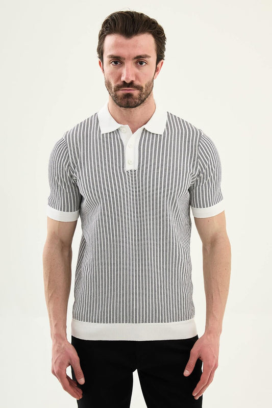 Men’s white striped slim fit knit polo shirt with short sleeves, styled for a refined summer smart-casual outfit.