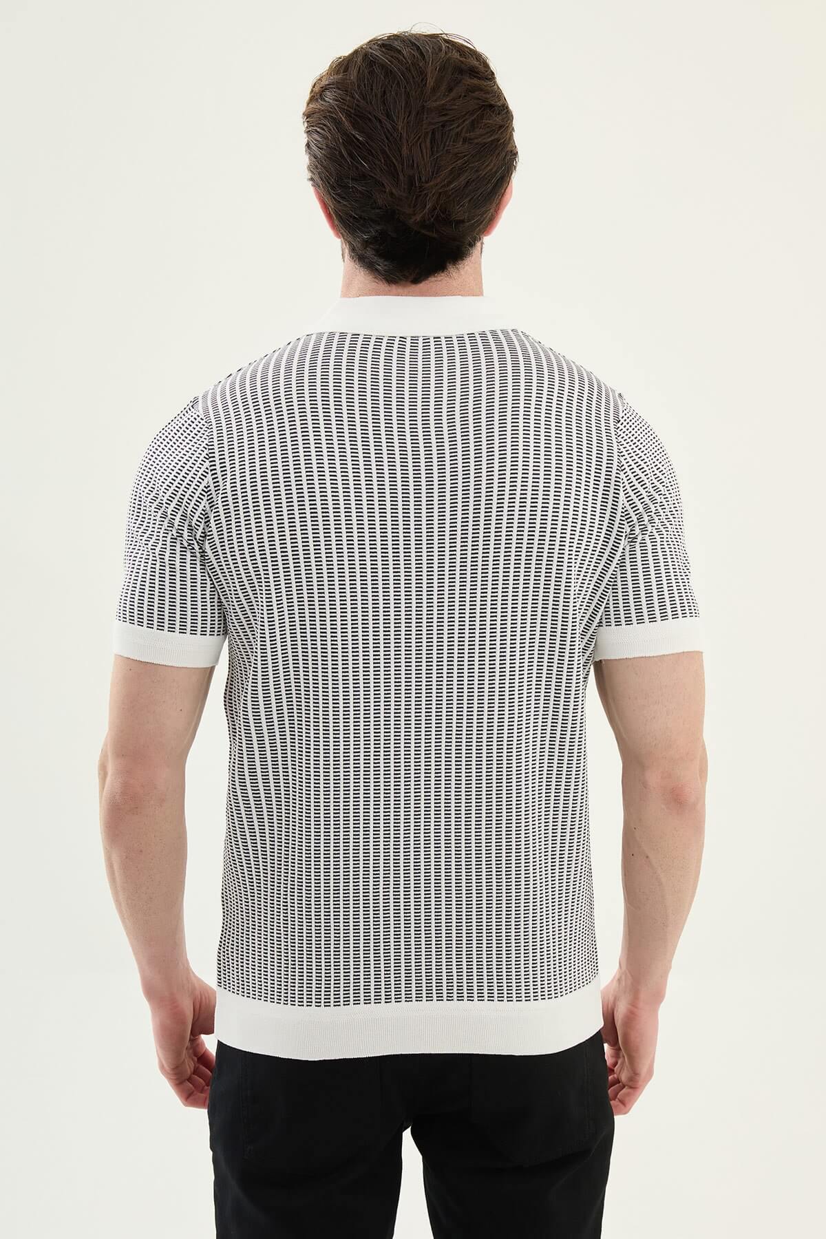 Men’s white striped slim fit knit polo shirt with short sleeves, styled for a refined summer smart-casual outfit.