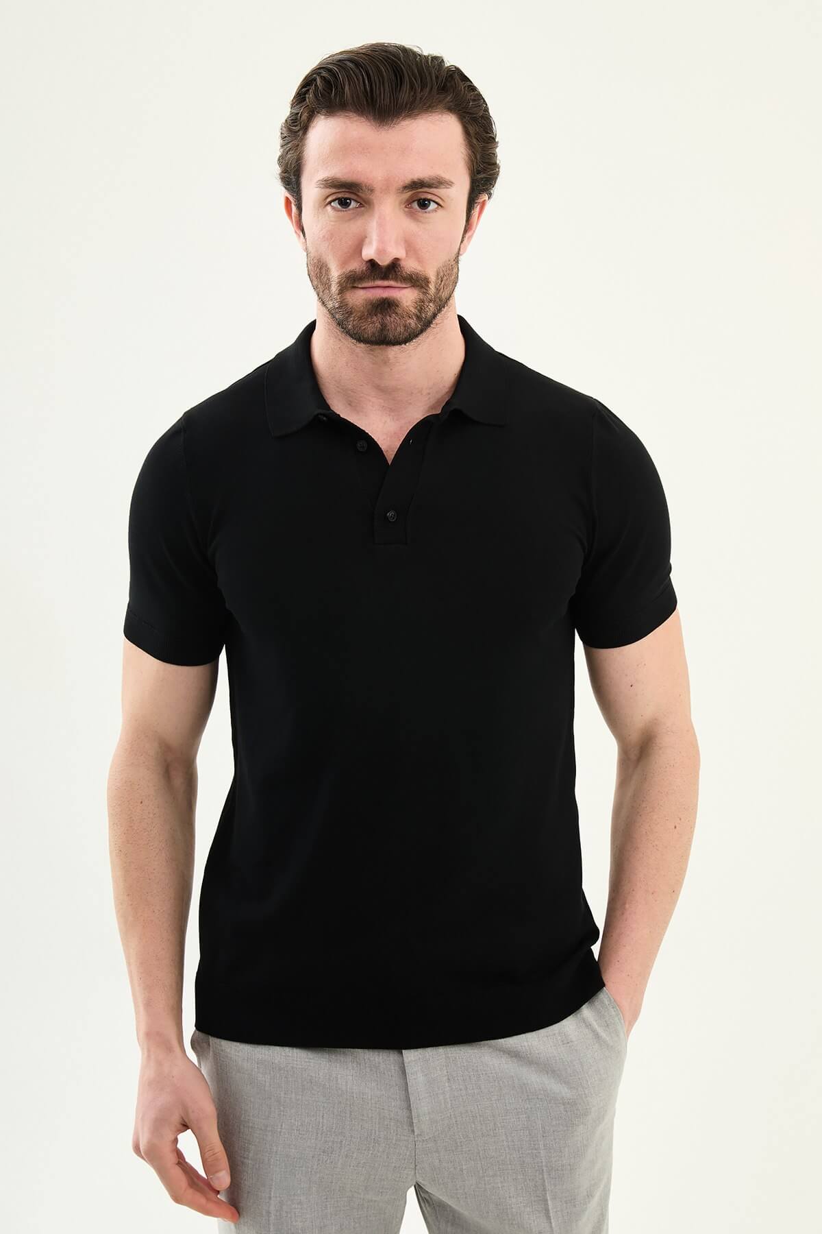 Men’s black slim fit cotton polo shirt with short sleeves and stretch fabric, minimal everyday casual wear