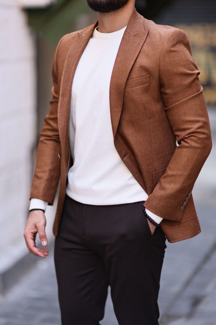 Men’s camel slim-fit mono-collar textured blazer styled with white knit
