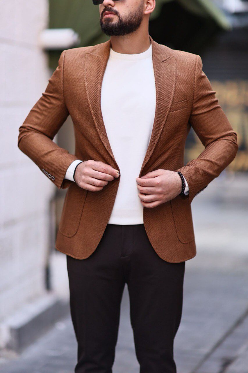 Men’s camel slim-fit mono-collar textured blazer styled with white knit