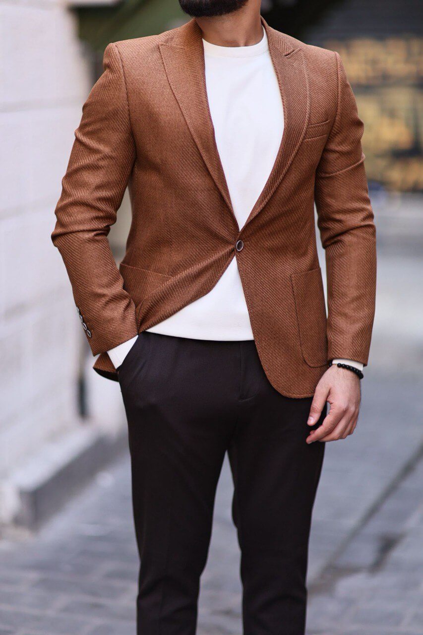 Men’s camel slim-fit mono-collar textured blazer styled with white knit