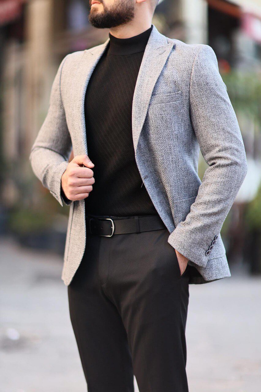 Men’s gray textured mono-collar slim-fit jacket styled with black turtleneck