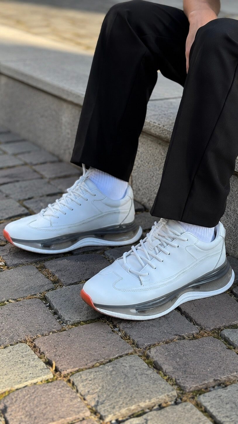 White trainer sneaker with leather upper, top view