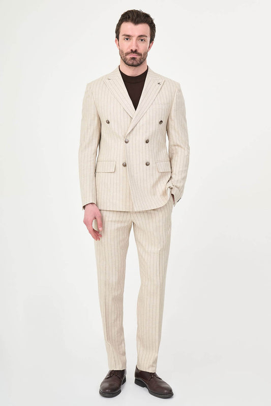 Beige pinstripe double breasted suit with slim tailored fit, front view