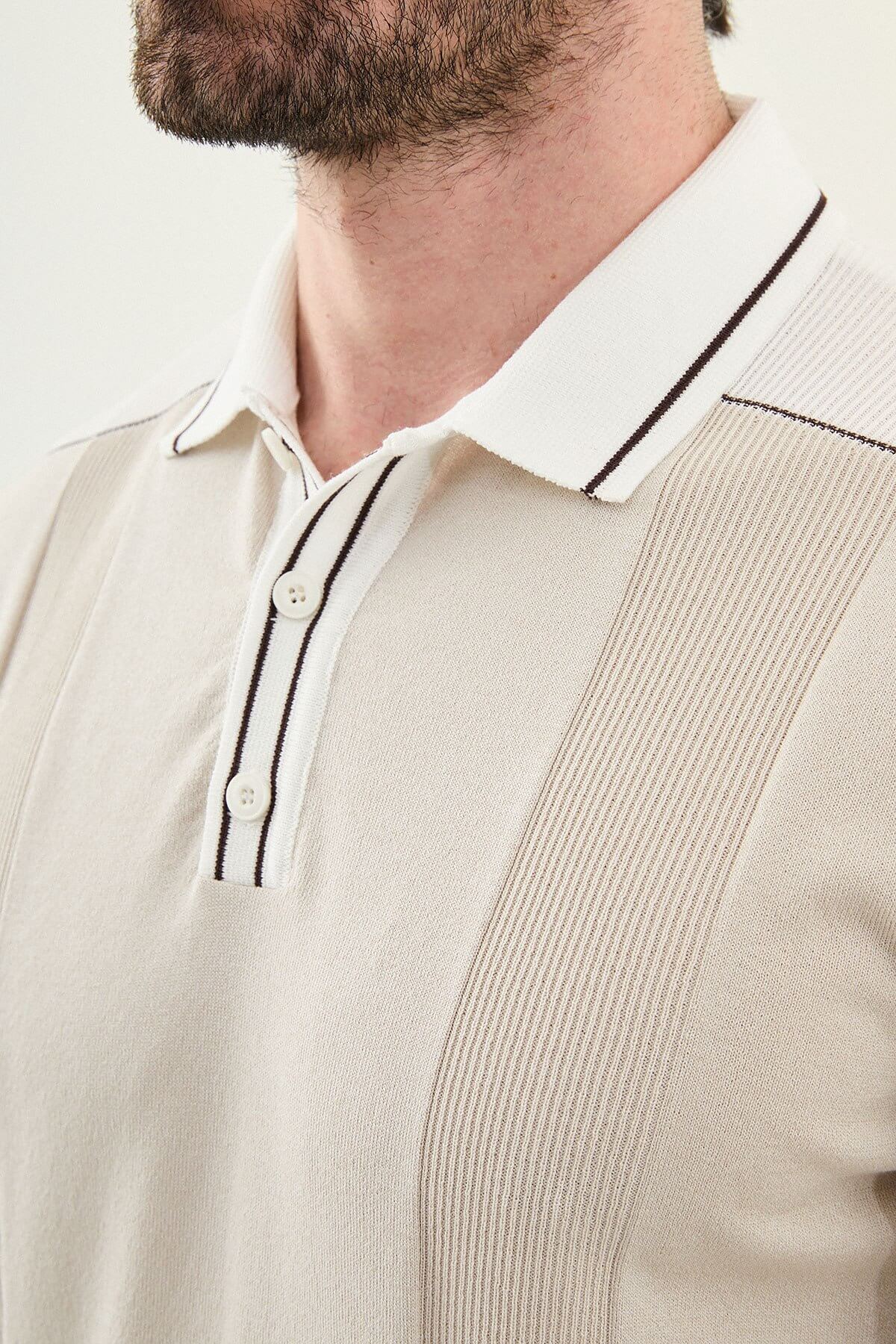 Men’s beige colorblock slim fit knit polo shirt with contrast collar styled for a refined summer smart-casual outfit.