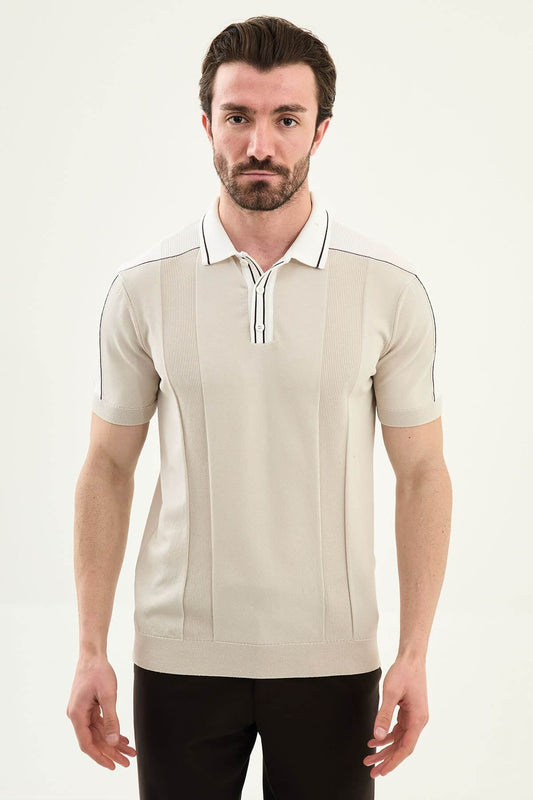 Men’s beige colorblock slim fit knit polo shirt with contrast collar styled for a refined summer smart-casual outfit.