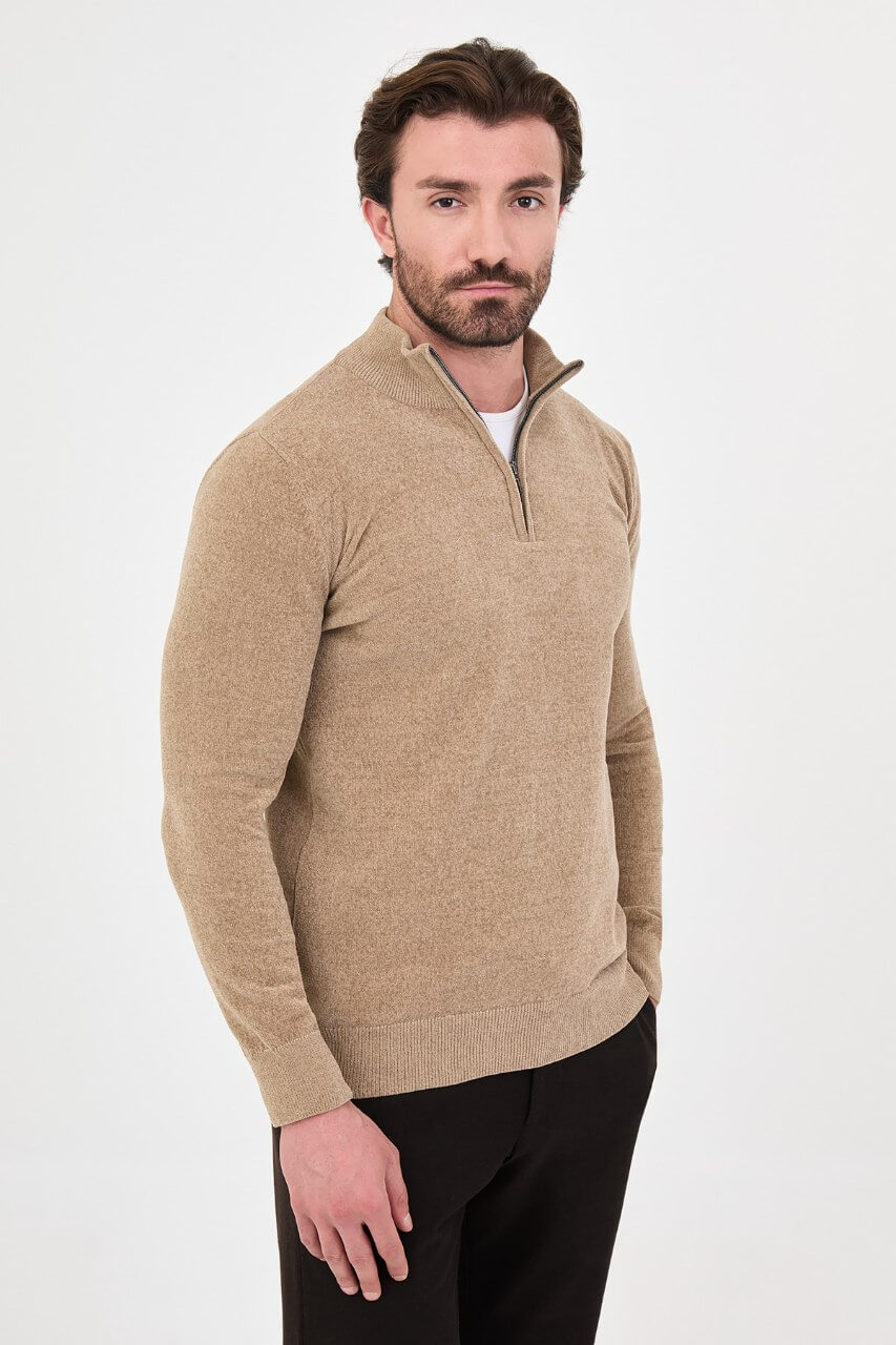 Men’s beige zip neck knit sweater with cotton blend fabric for fall winter smart casual styling.