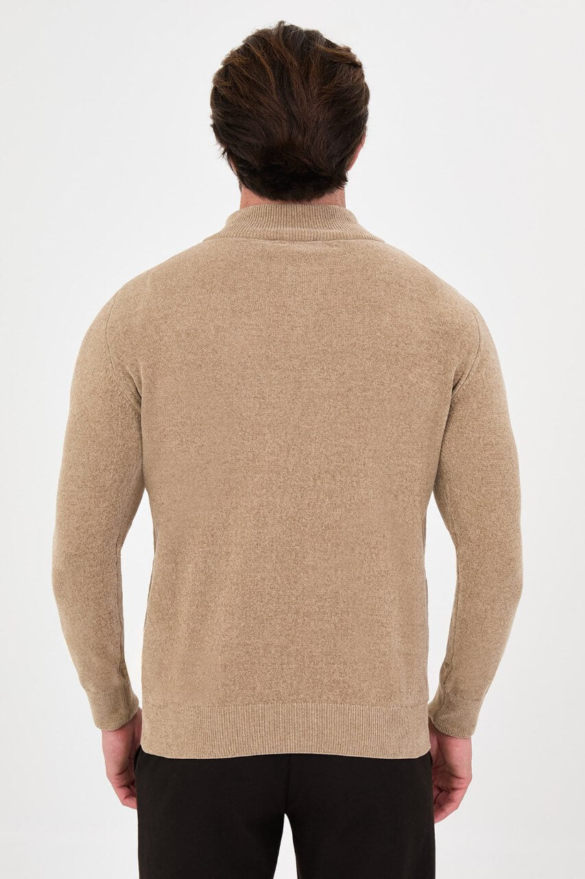 Men’s beige zip neck knit sweater with cotton blend fabric for fall winter smart casual styling.