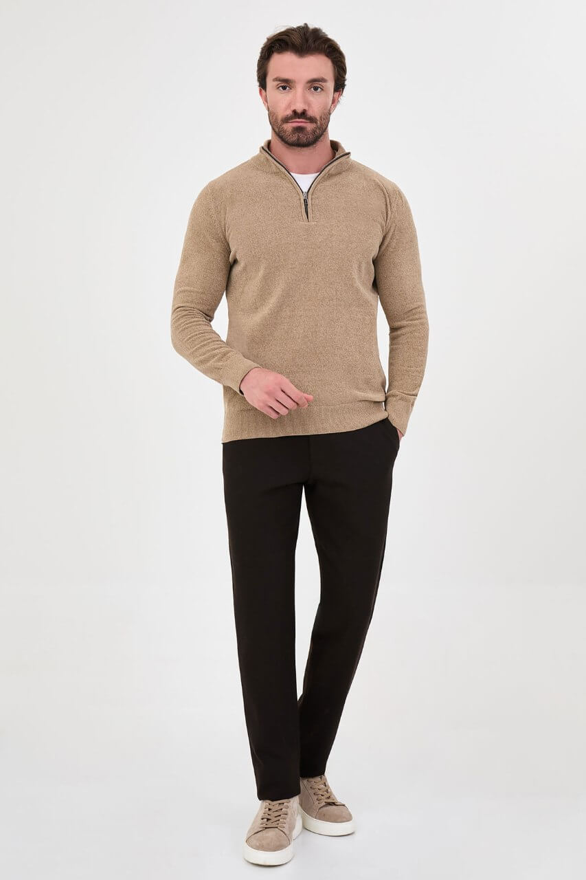 Men’s beige zip neck knit sweater with cotton blend fabric for fall winter smart casual styling.