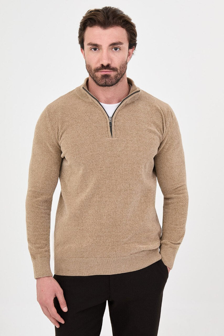Men’s beige zip neck knit sweater with cotton blend fabric for fall winter smart casual styling.
