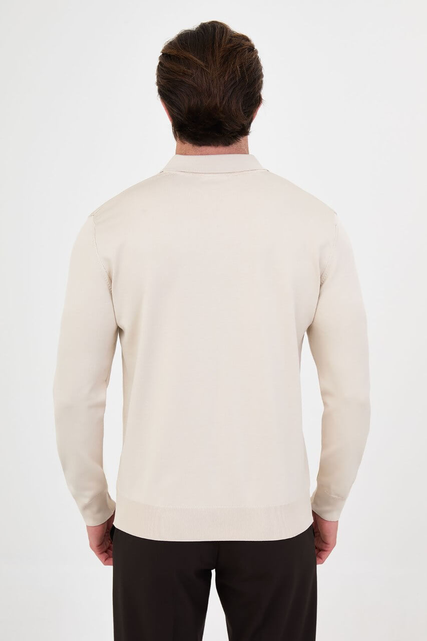 Men's beige long-sleeve knit polo shirt with three-button placket by HolloMen.