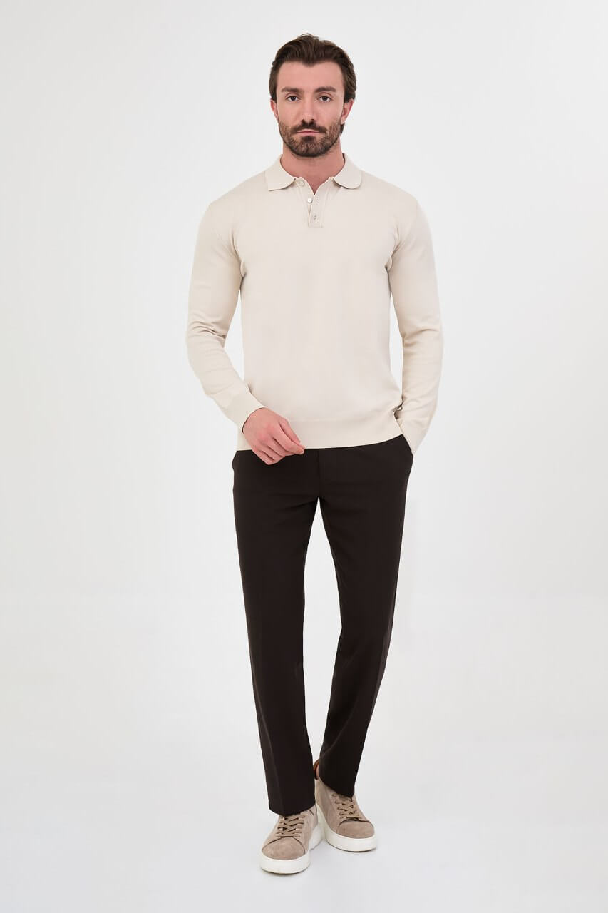 Men's beige long-sleeve knit polo shirt with three-button placket by HolloMen.