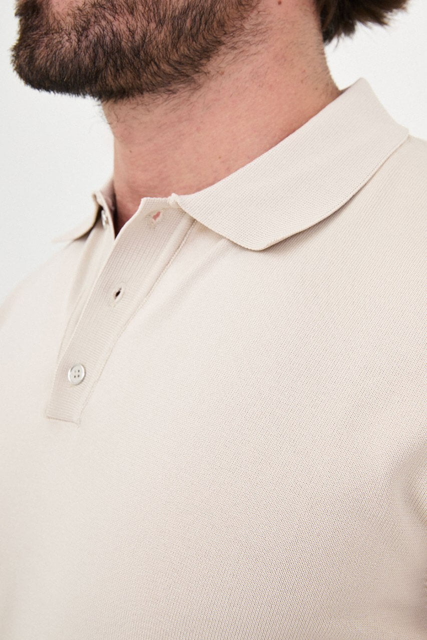 Men's beige long-sleeve knit polo shirt with three-button placket by HolloMen.