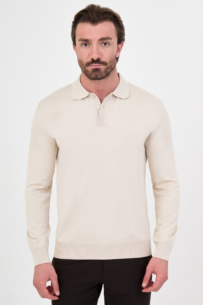 Men's beige long-sleeve knit polo shirt with three-button placket by HolloMen.