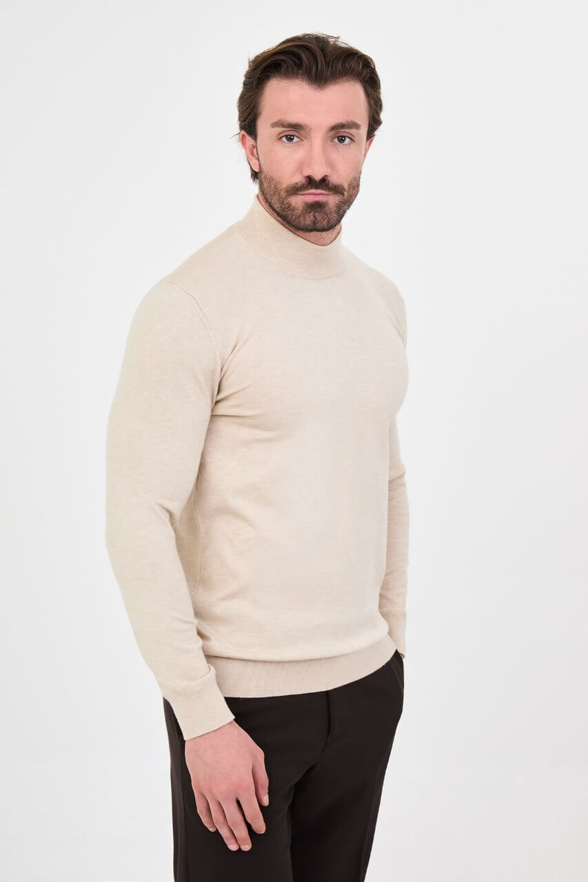 Men's beige mock neck cashmere blend knit sweater slim fit pullover for fall winter smart casual style