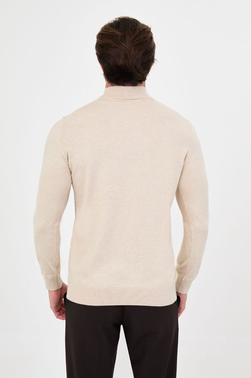 Men's beige mock neck cashmere blend knit sweater slim fit pullover for fall winter smart casual style