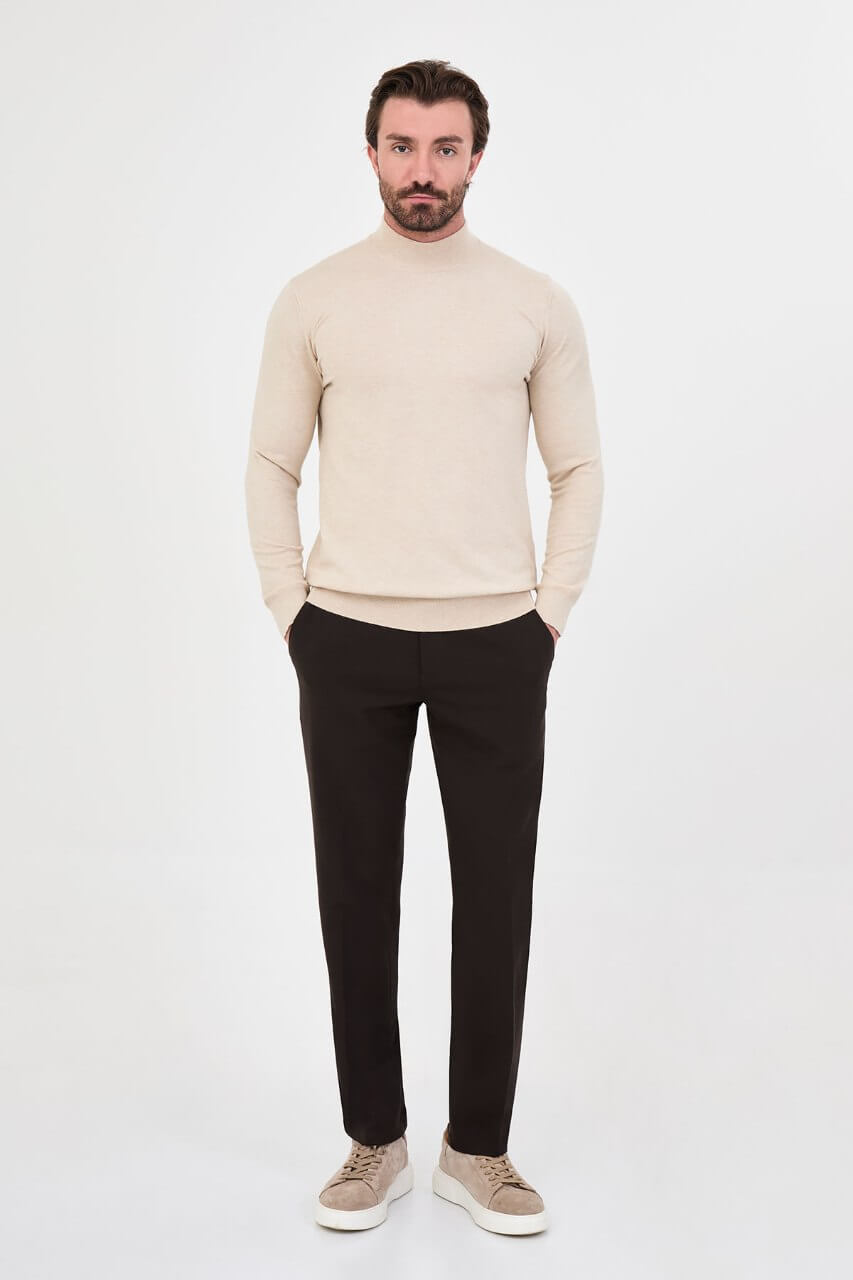 Men's beige mock neck cashmere blend knit sweater slim fit pullover for fall winter smart casual style