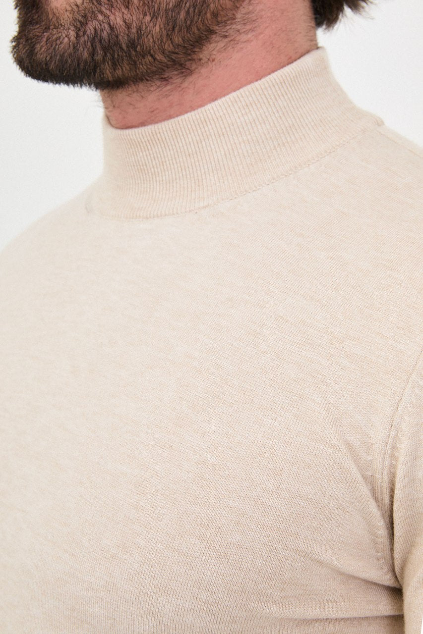 Men's beige mock neck cashmere blend knit sweater slim fit pullover for fall winter smart casual style