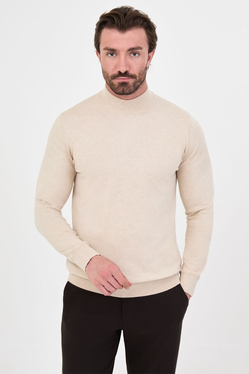 Men's beige mock neck cashmere blend knit sweater slim fit pullover for fall winter smart casual style