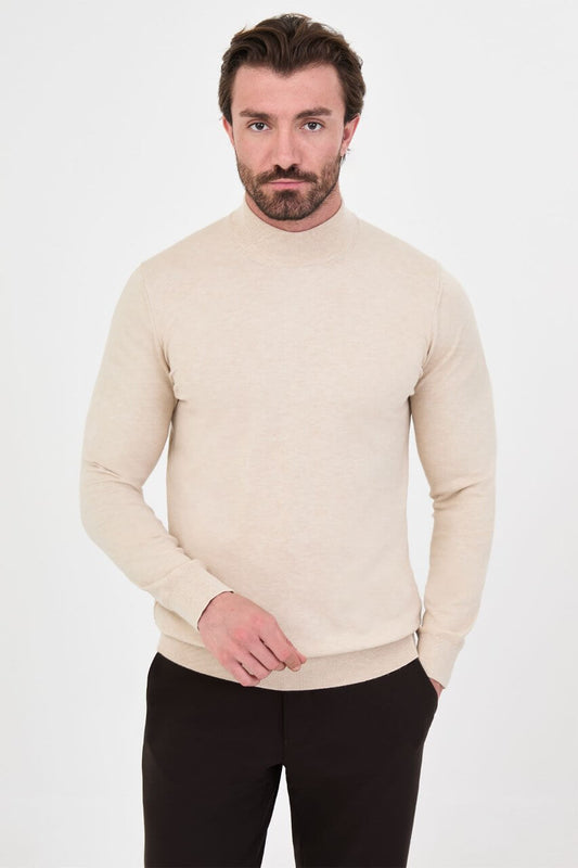 Men's beige mock neck cashmere blend knit sweater slim fit pullover for fall winter smart casual style