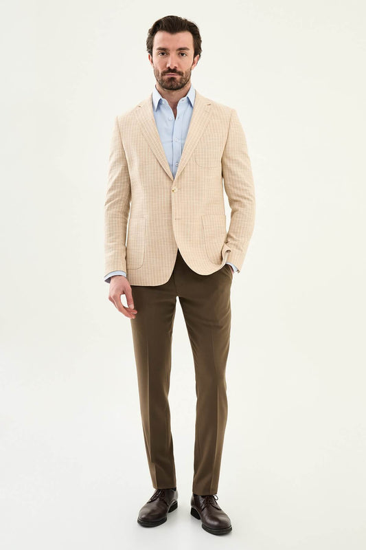 Men’s beige slim fit cotton linen blazer with a lightweight textured finish, tailored for smart casual and formal summer styling.