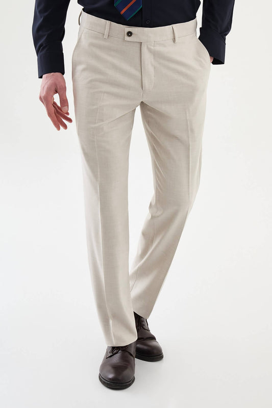 Men wearing beige slim-fit classic trousers, paired with formal shoes and a dress shirt, suitable for office and formal events.