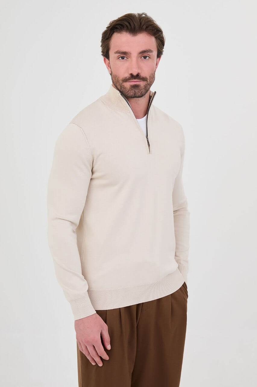 Men's beige textured crew neck knit sweater for fall winter menswear.