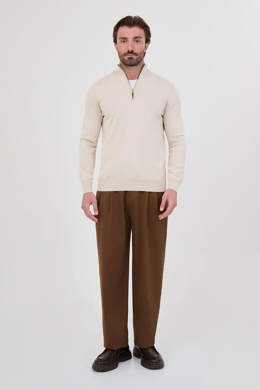 Men's beige textured crew neck knit sweater for fall winter menswear.