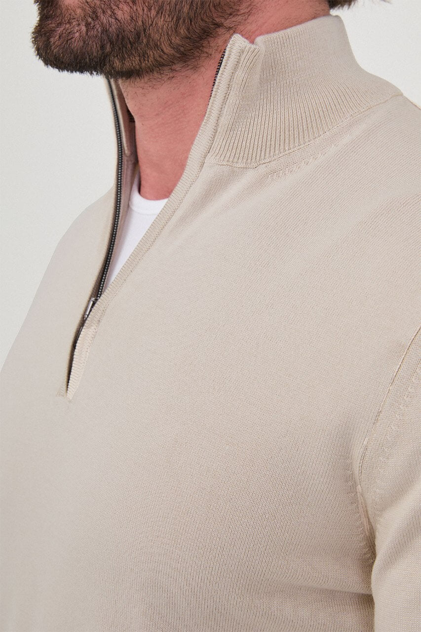 Men's beige textured crew neck knit sweater for fall winter menswear.