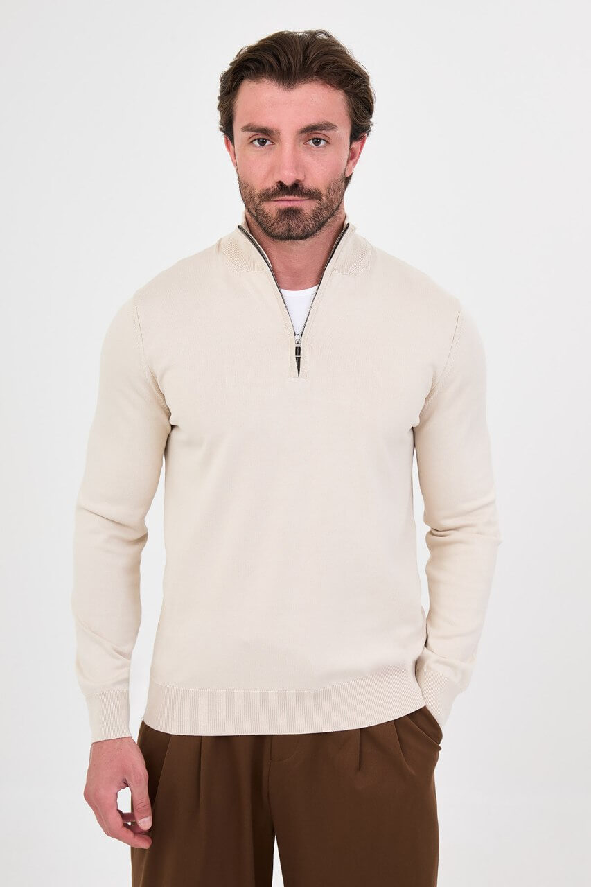 Men's beige textured crew neck knit sweater for fall winter menswear.