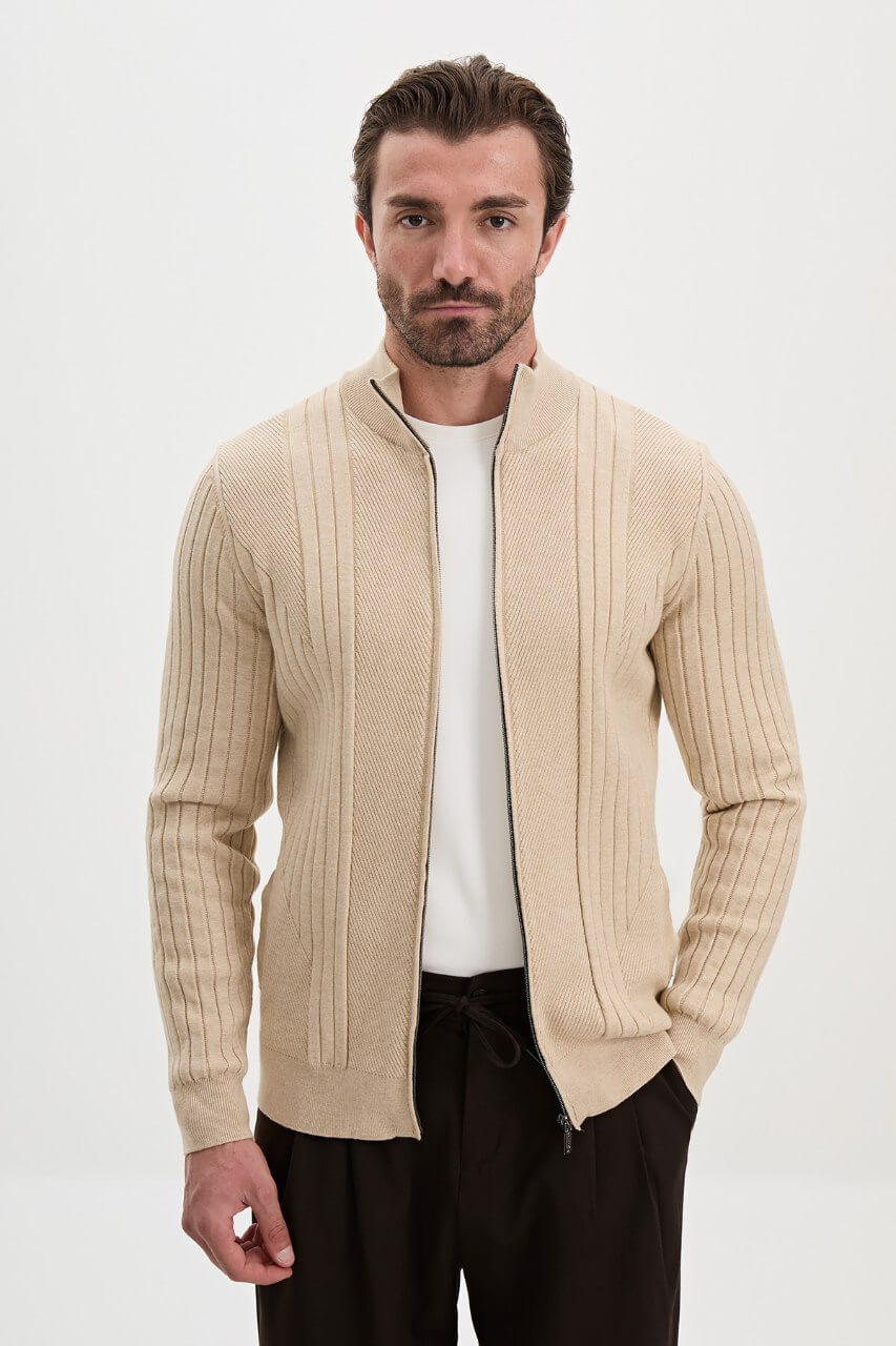 Men’s beige ribbed knit full-zip mock neck sweater with cashmere cotton blend for fall winter layering